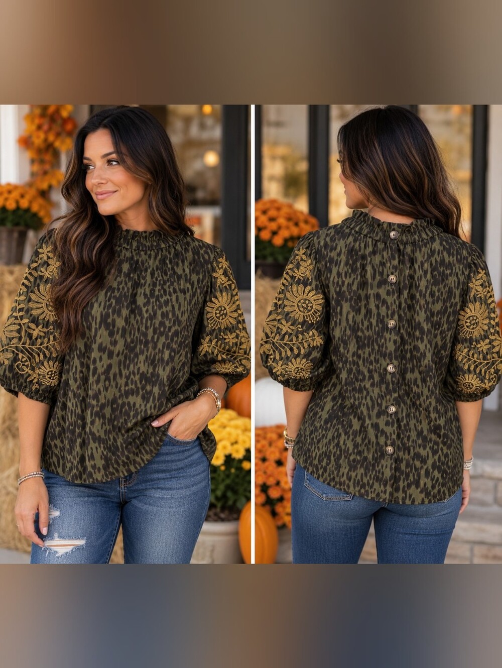 THML XL Olive Leopard Print Gold Embroidered Puff Sleeve Blouse